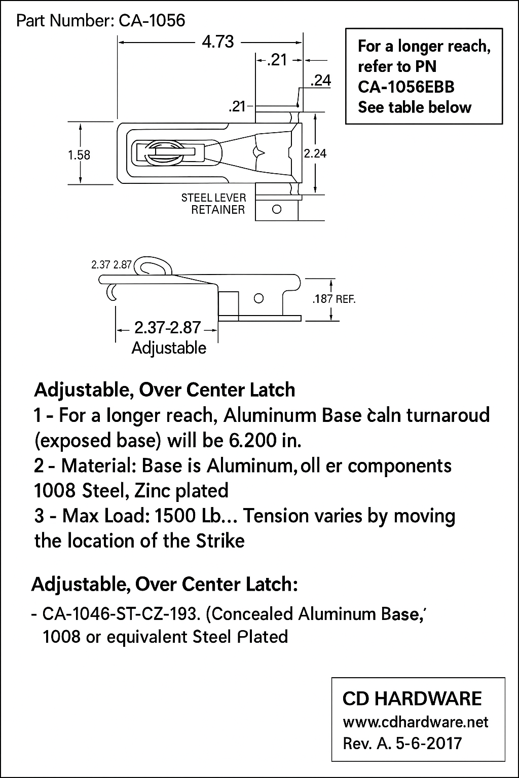 CA-1056: Adjustable Padlockable Over-Center Latch – 1500 lb Capacity